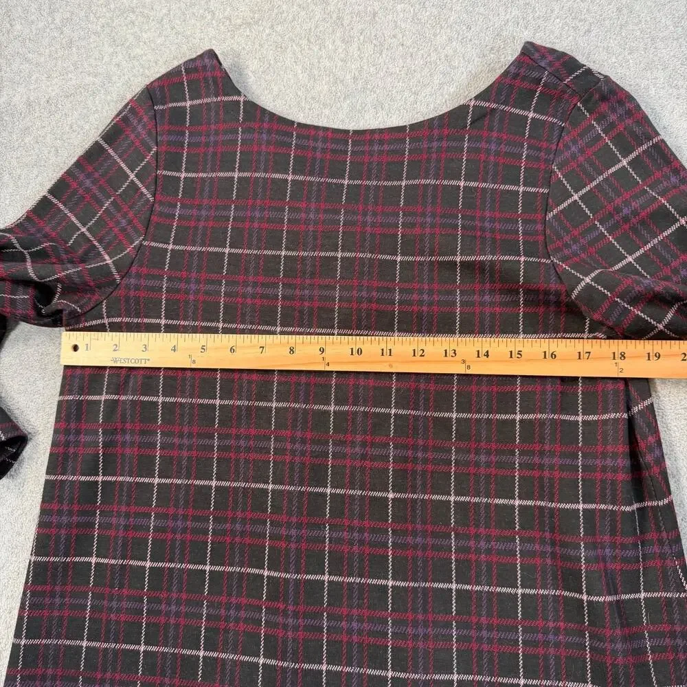 J.Jill Women’s Medium Plaid Ponte Shirt 3/4 Sleeve Button Pleat Black Red Purple